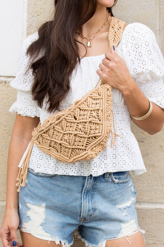 Macrame Bohemian Sling Crossbody Bag - Hobo