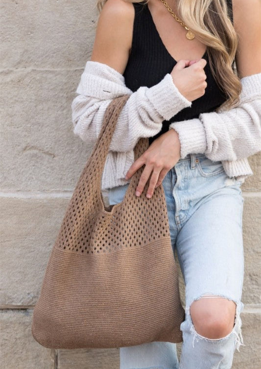 Soft Knit Crochet Hobo Bag Taupe