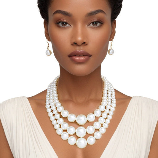 Pearl Necklace Cream Bubble Gum 3 Layer for Women - Perfect For Wedding