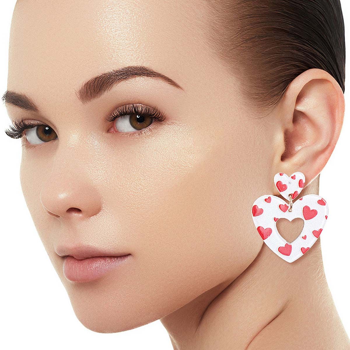 White Red Glitter Valentine Heart Earrings