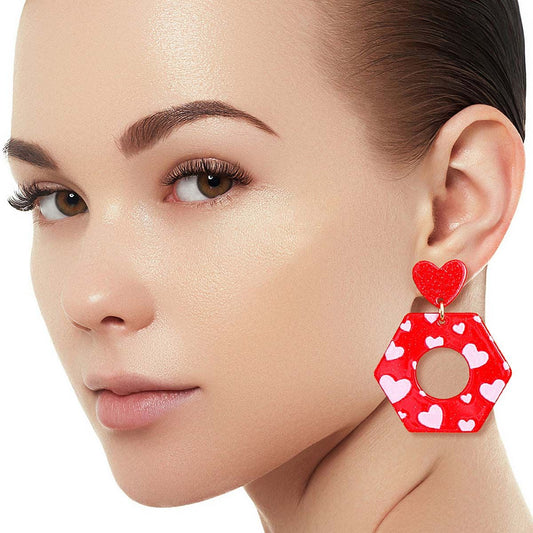 Red Hexagon Valentine Heart Earrings