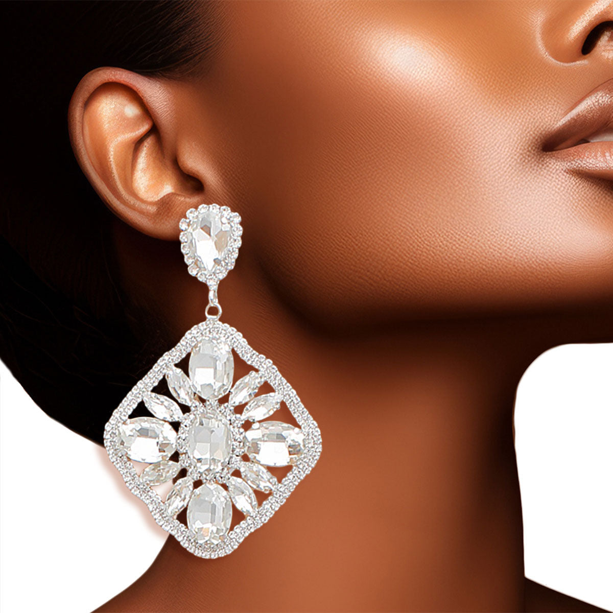 Silver Glass Crystal Diamond Earrings