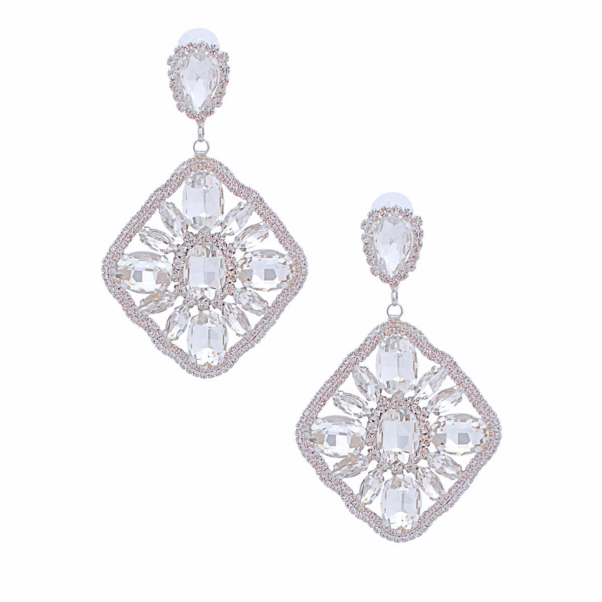 Silver Glass Crystal Diamond Earrings