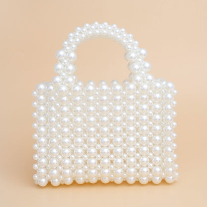 Top Handle Square Cream Pearl Woven Handmade Bag