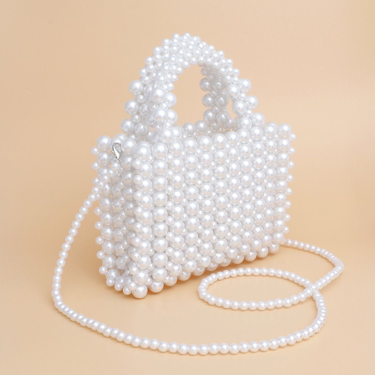 Top Handle Square White Pearl Woven Handmade Bag