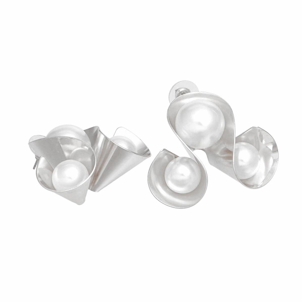 Stud Silver Triple Looped White Pearl Earrings