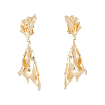 Clip On Dramatic Gold Gathered Metal Earrings