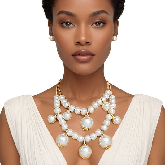 Pearl Baubles Layered Necklace For Women - Wedding Bride Jewelry In Bib Cream 