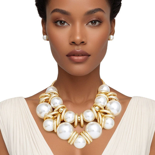 Wedding Jewelry Necklace Jumbo Cream Pearl Gold Link Bib Set Women