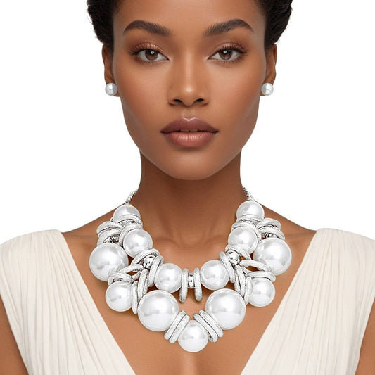 Necklace Jumbo White Pearl Silver - Wedding Jewelry - Link Bib Set