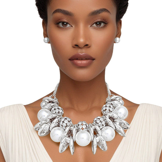 Necklace High Impact Statement Piece Silver Pearl Glam Bib Set - Wedding Jewelry