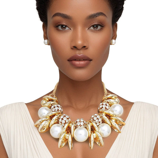 Necklace High Impact Gold Pearl Glam - Statement Piece Bib Set Women