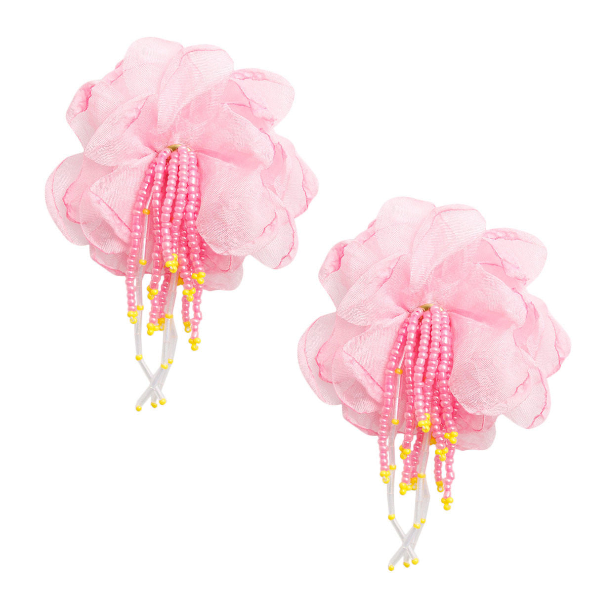 Drop Pink Fabric Flower Bead Earrings for Women