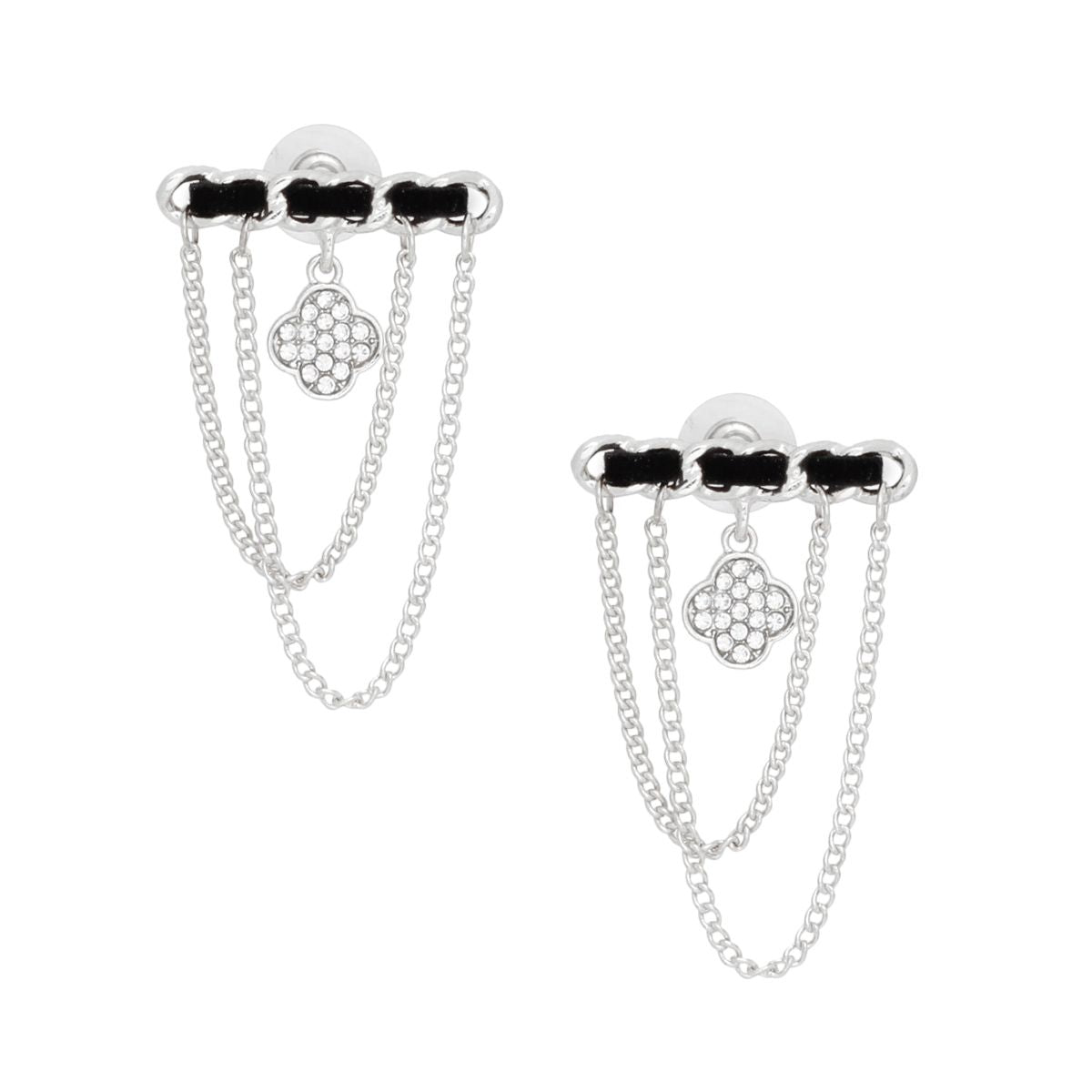 Studs Silver Woven Drape Chain Clover Earrings