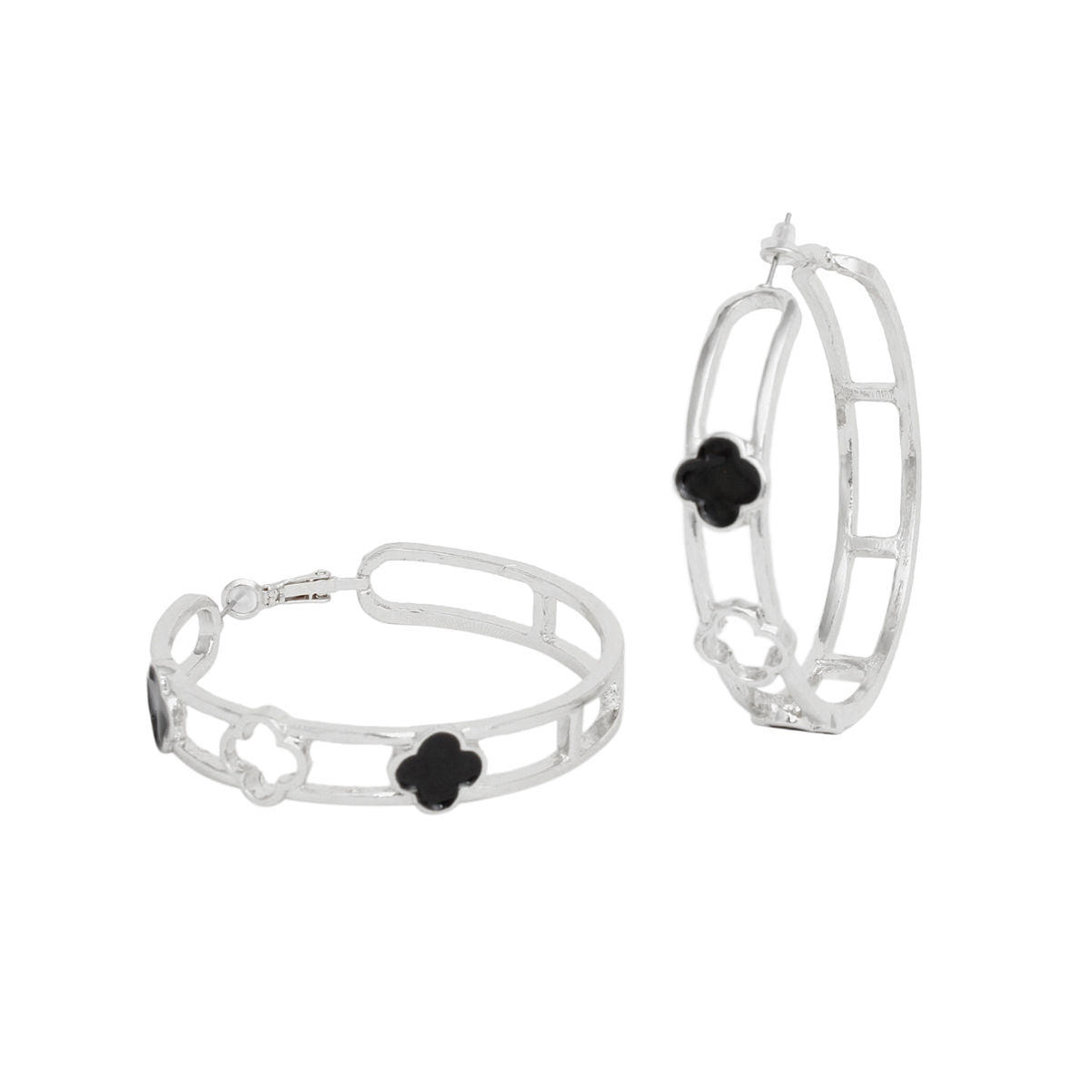 Hoops Silver Black Clover Wide Earrings for Women