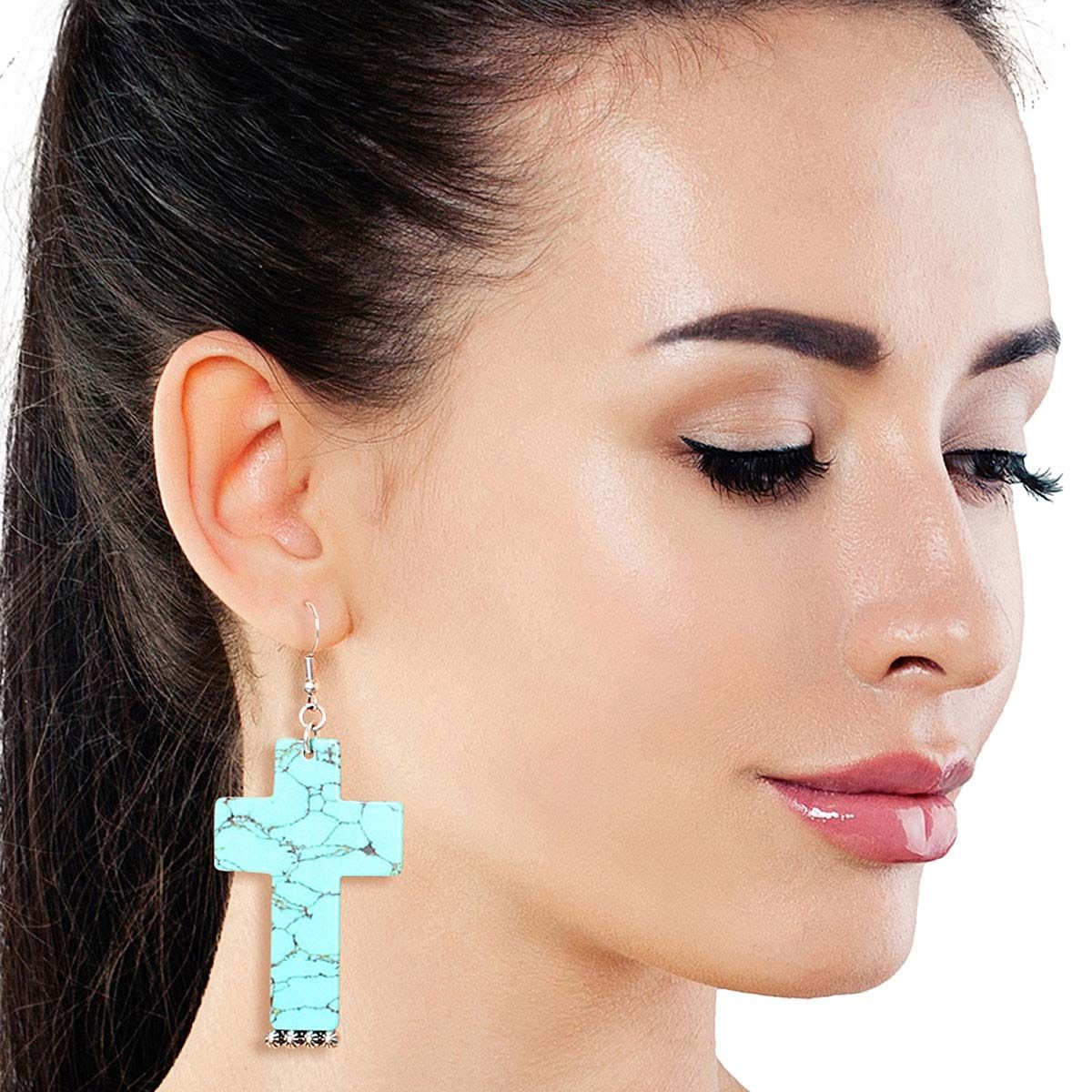 Marbled Turquoise Cross Earrings Silver