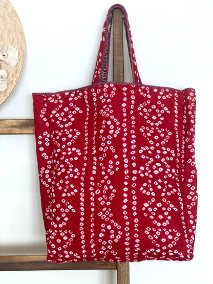 Reversible Quilted Block Printed Bohemian Market Bag Red, Pink & Tan